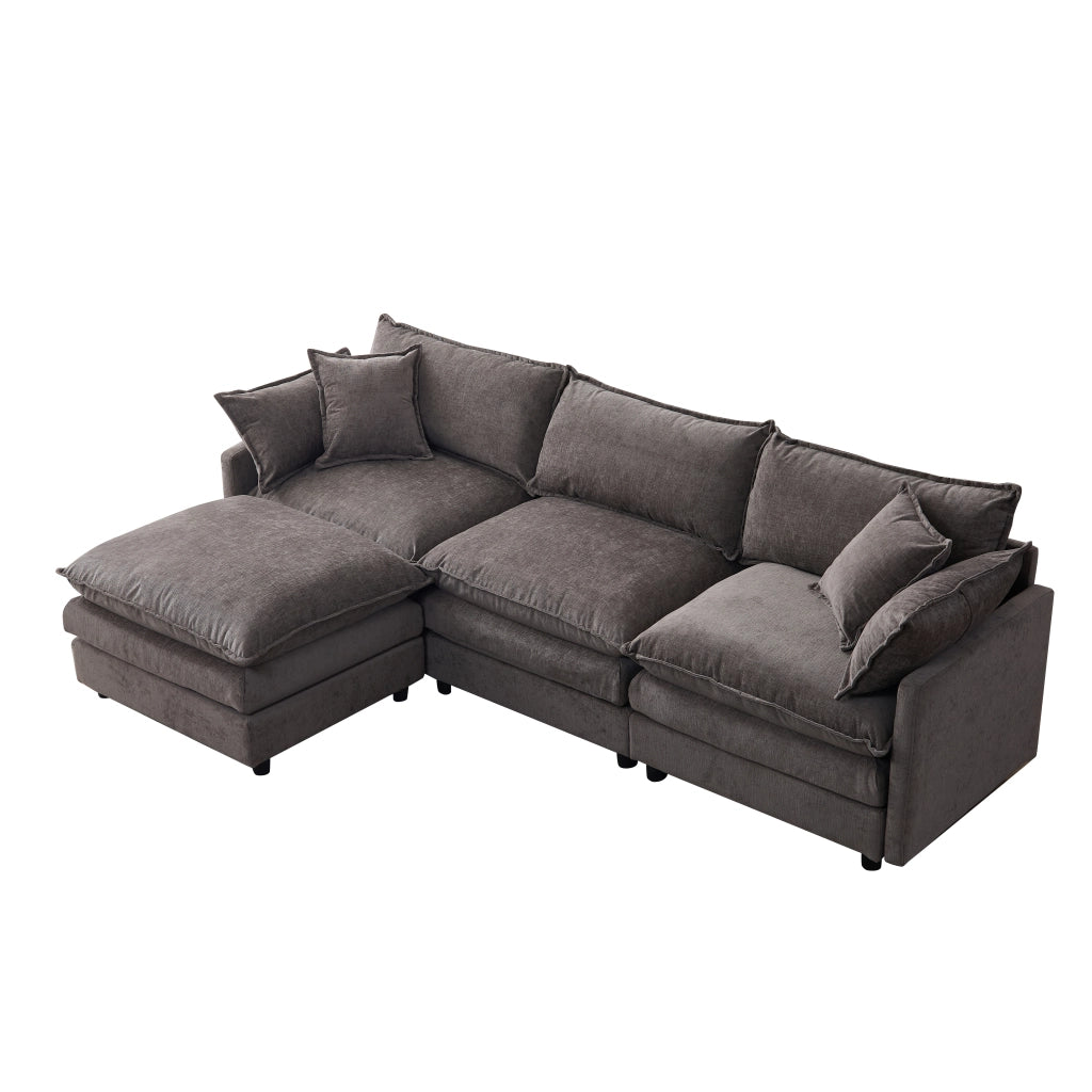 Divano angolare modulare 3 posti con chaise longue e pouf, cuscini sfoderabili in ciniglia grigio