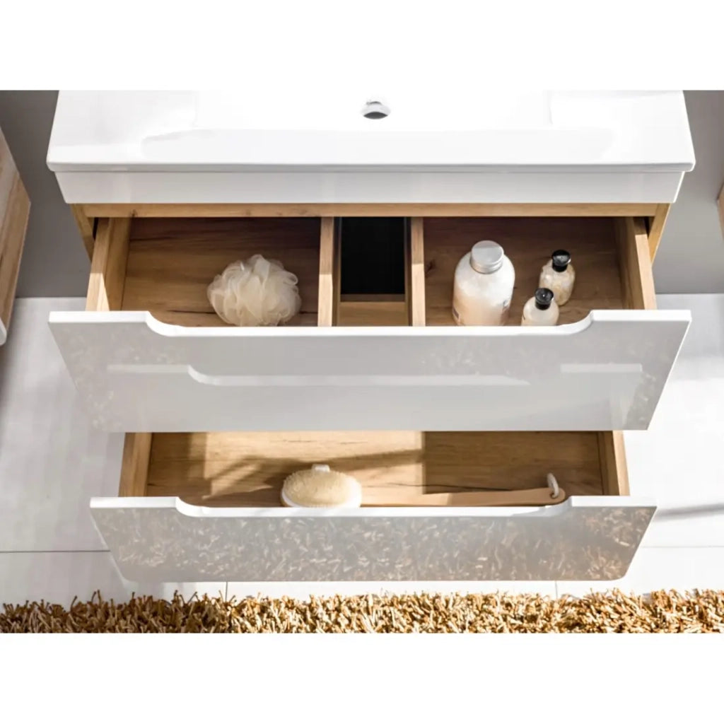 Mobile bagno ERBANO – Rovere chiaro e bianco lucido – 35x35 cm – 1 porta – Da appendere