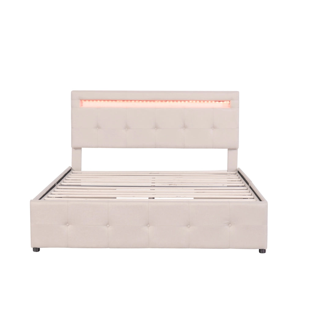 Letto Imbottito con LED, Contenitore e Testiera ¨C MINIMAL ¨C 140x200, Beige, 4 Cassetti