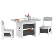 Set Tavolo e Sedie per Bambini 3-8 Anni con 6 Cassetti e Bordi Arrotondati, in Legno e Tessuto, Grigio e Bianco