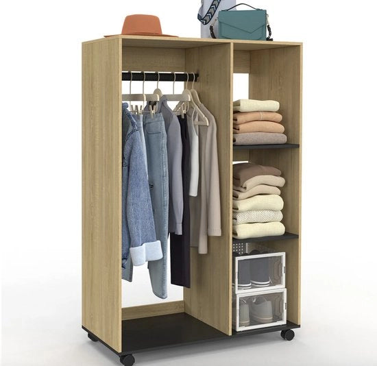 Armoire da letto 80 x 40 x 120 cm su ruote, legno e nero – alta qualità – materiale duraturo – progetto stile – adatto per uso quotidiano – stile moderno – comodità e divertimento