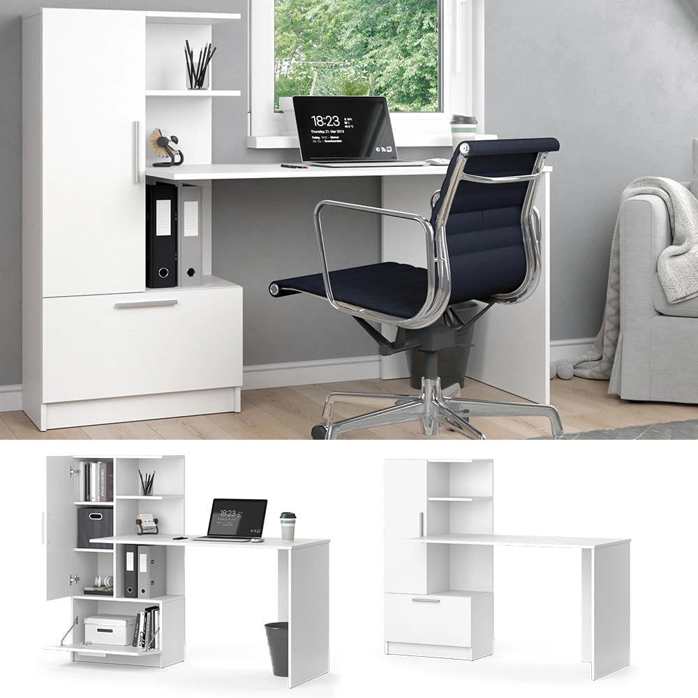 Scrivania con ripiani Tomy, Bianco, 150 x 59 cm, con ripiani aperti per una conservazione organizzata