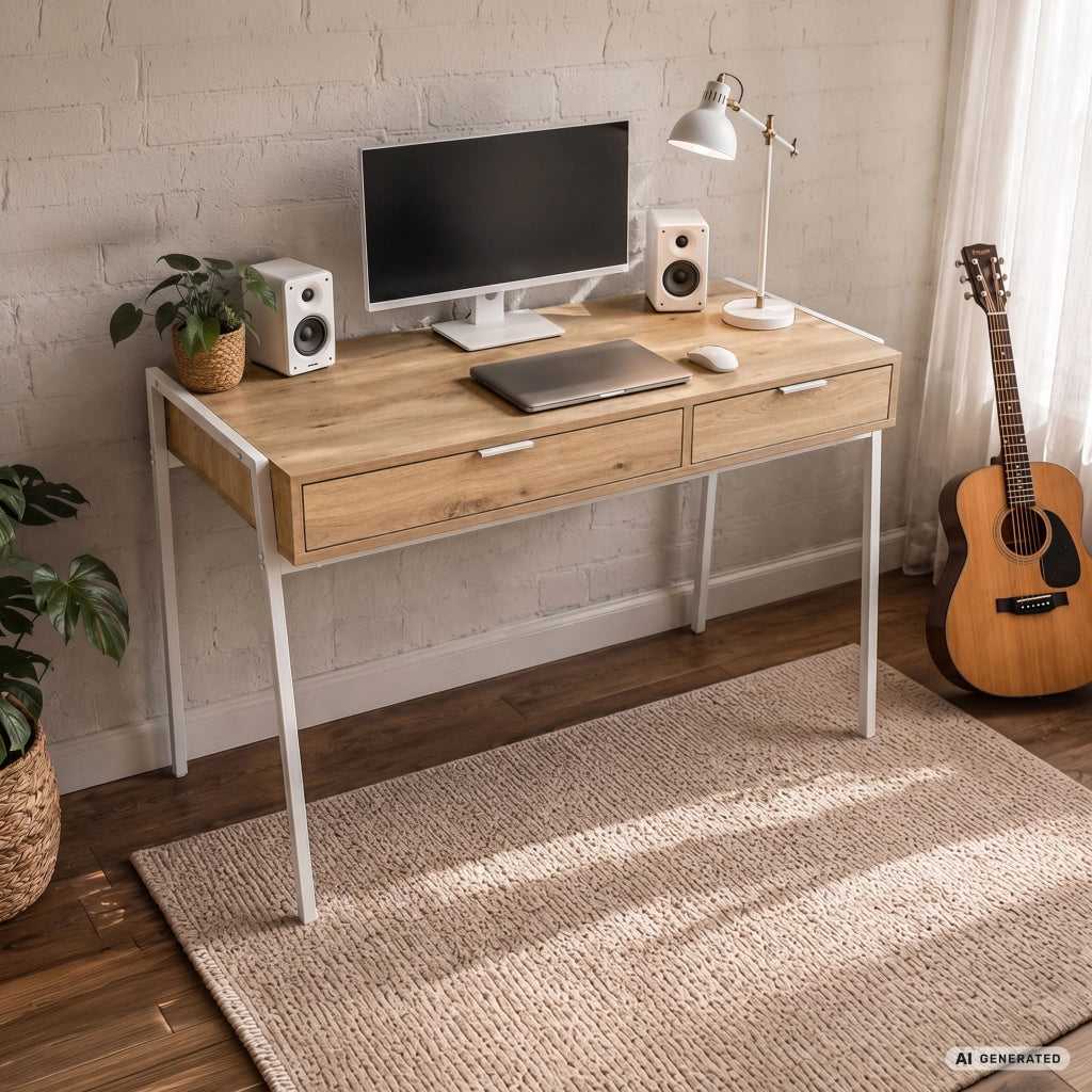 Scrivania industriale per computer Rovere Artisan ZENTIA 100 cm 2 cassetti gambe bianche