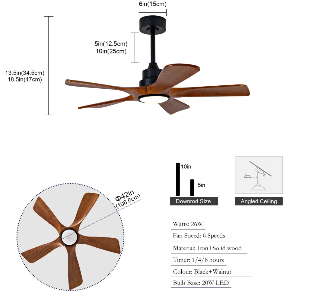Ventilatore da soffitto 42 pollici con luce LED; 5 pale in legno; telecomando; noce e nero