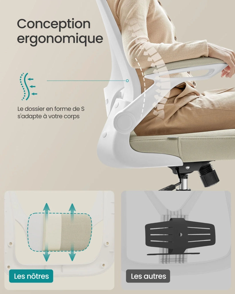 Sedia da ufficio ergonomica in tela con supporto lombare imbottito meccanismo a dondolo seduta larga 53 cm braccioli pieghevoli e poggiatesta beige 12_0004843