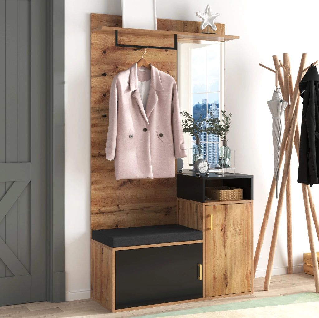 Set ingresso con scarpiera; specchio; 4 ganci e panca; 105x40x191;5 cm; nero e legno