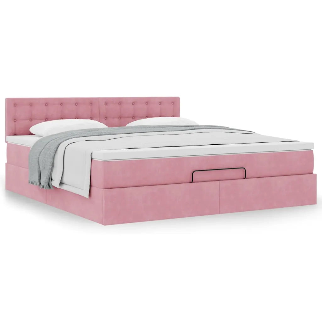 Struttura Letto Pouf con Materasso Rosa 160x200 cm in Velluto 3311932