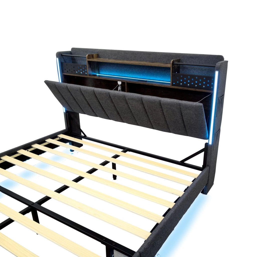Letto imbottito 140x200 cm con USB e LED; lino; grigio (Senza materasso)