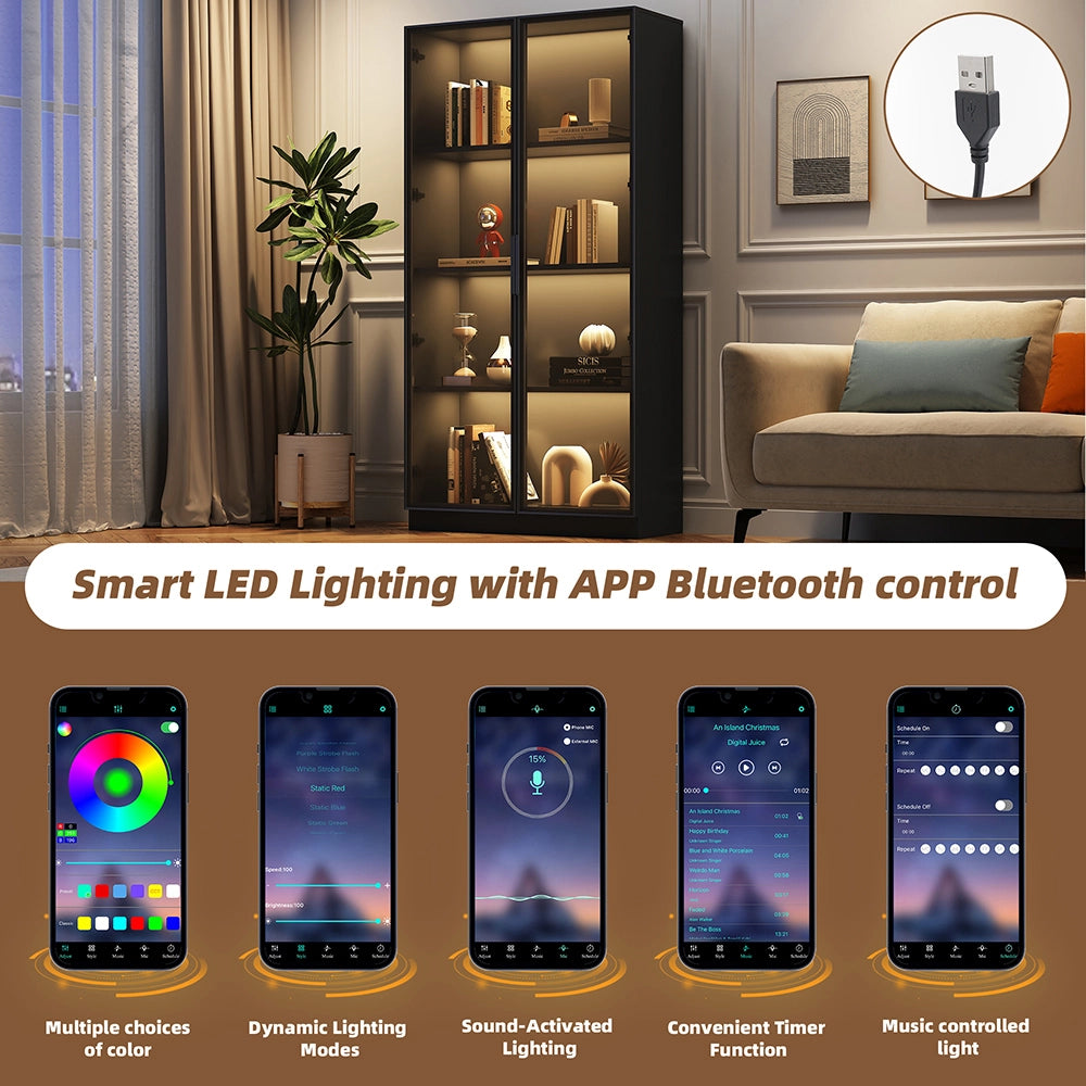 Vetrina in vetro con illuminazione LED - Xylo - 80*40*160 cm - App - Doppia porta ripiani amovibili