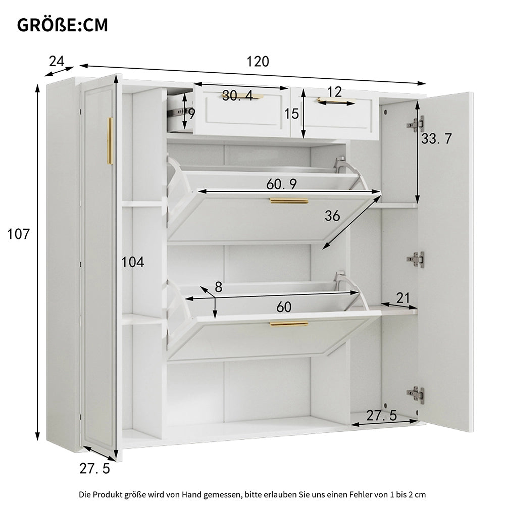 Scarpiere moderno - Xylo - L120/P24/H107 CM - Bianco - Ripiani regolabili, maniglie dorate, 2 cassetti