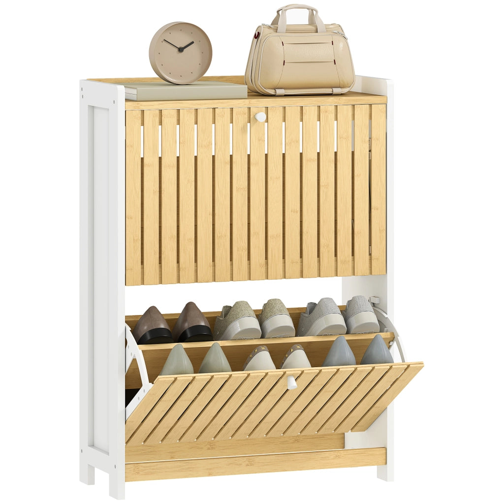 Mobiletto Portascarpe con 2 Ante in Bamb¨´ e Ripiani Regolabili ¨C Zephmum ¨C Bianco e Naturale 60x40x138 cm