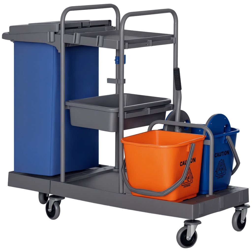 Carrello Pulizie a 3 Ripiani con Sacco per Immondizia e Strizzatore, 111x63.3x103 cm, Grigio Blu e Arancione
