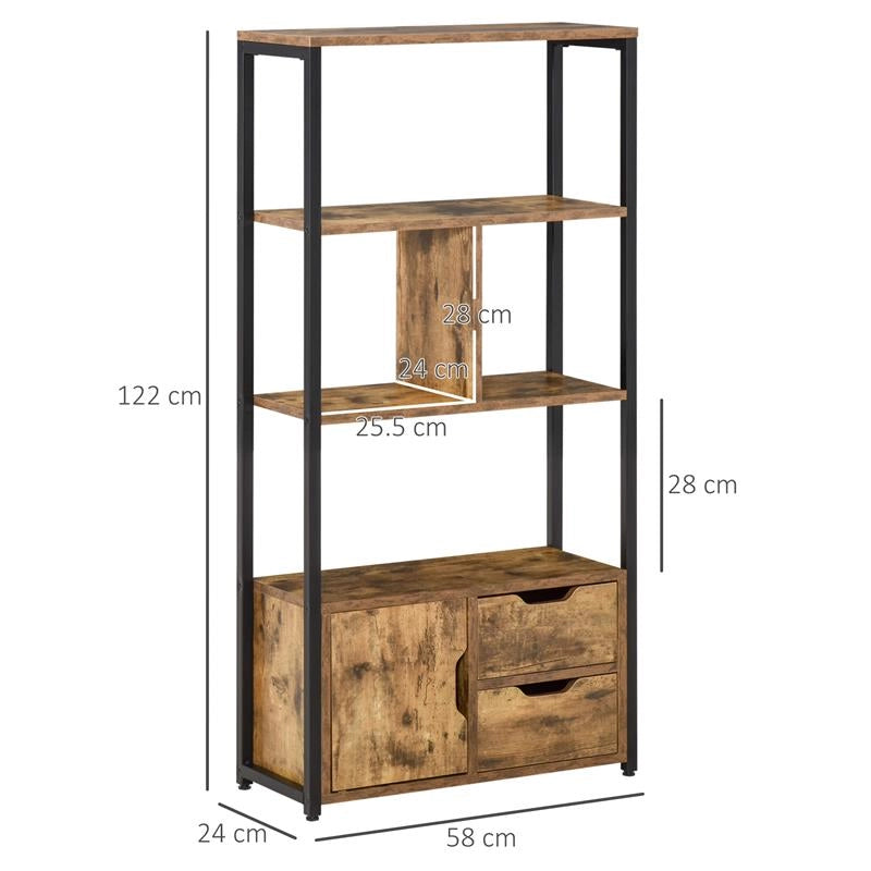 MOBILE LIBRERIA CON 3 RIPIANI, ARMADIETTO E 2 CASSETTI, IN TRUCIOLATO E METALLO, 58X24X122 CM