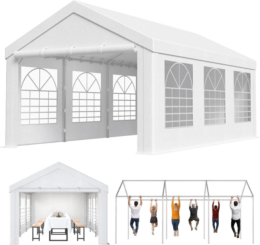 Gazebo da 4 x 6 m, resistente, con pareti laterali, impermeabile, in PE, con struttura in acciaio galvanizzato, tenda per feste, eventi, uso esterno, colore bianco