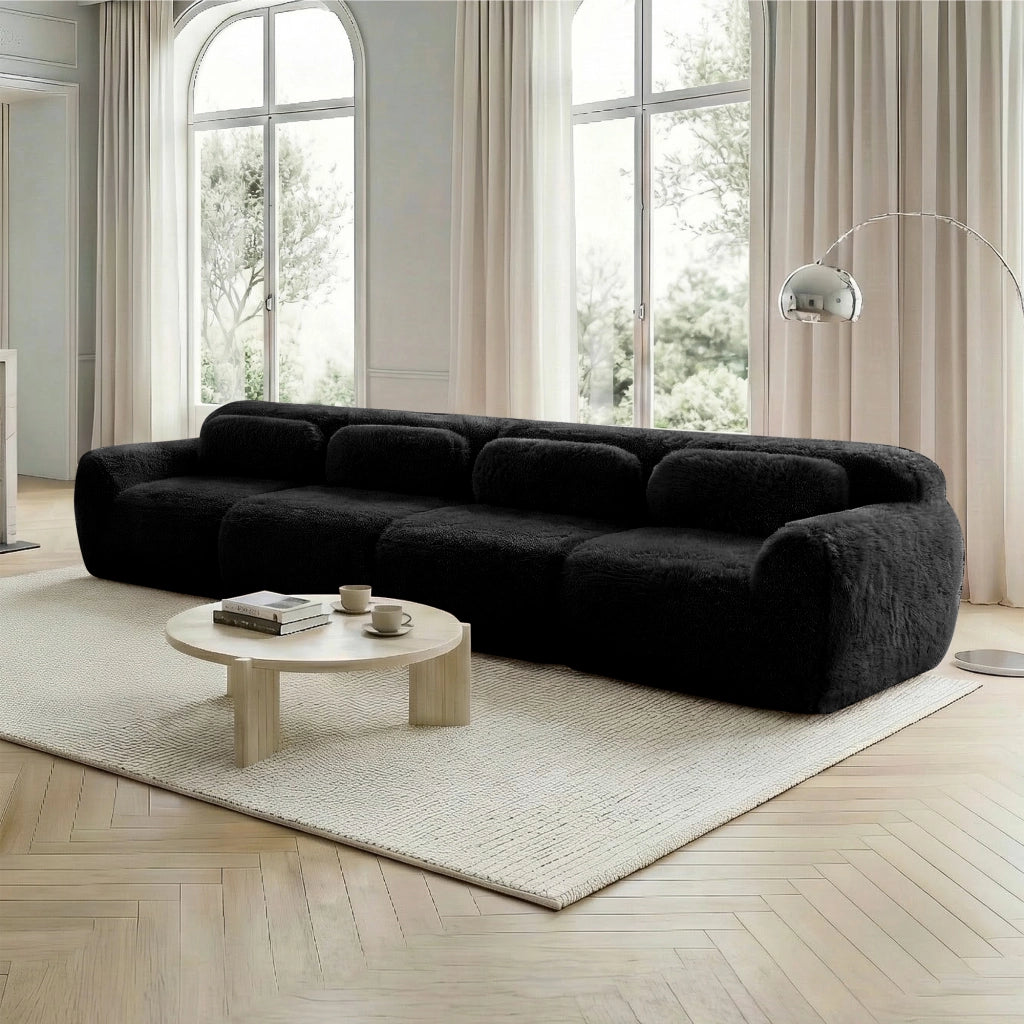 OKWISH Divano Modulare 4 Posti, Design Ergonomico con Pouf Collegabile e Cuscini, Peluche, Nero