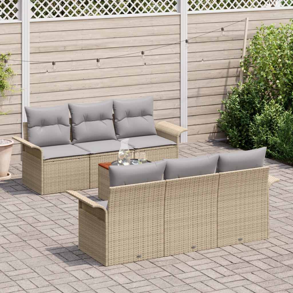 Set Divani Giardino 7 Pezzi con Cuscini in Polirattan Beige Acacia