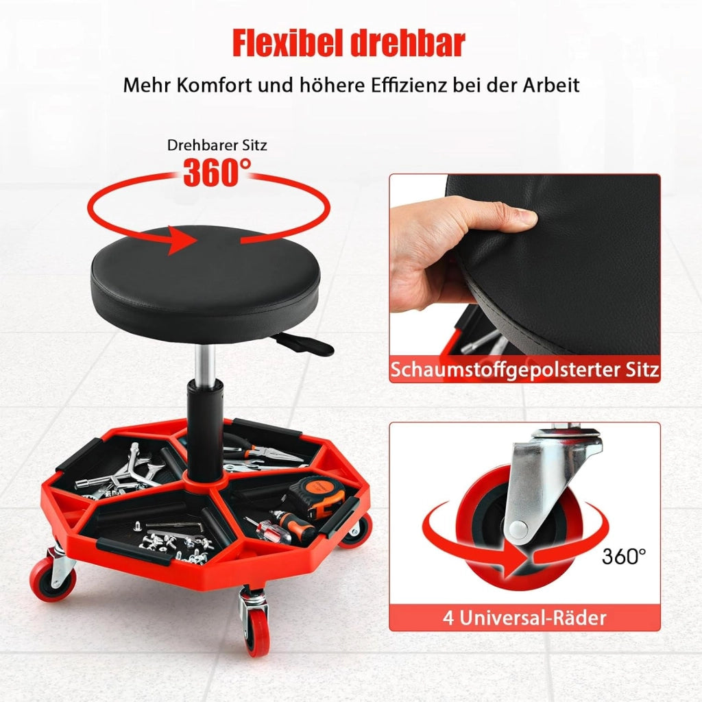 SOARS Sgabello da officina con ruote, regolabile in altezza, 41-55 cm, con ripiano magnetico rimovibile, portata fino a 150 kg