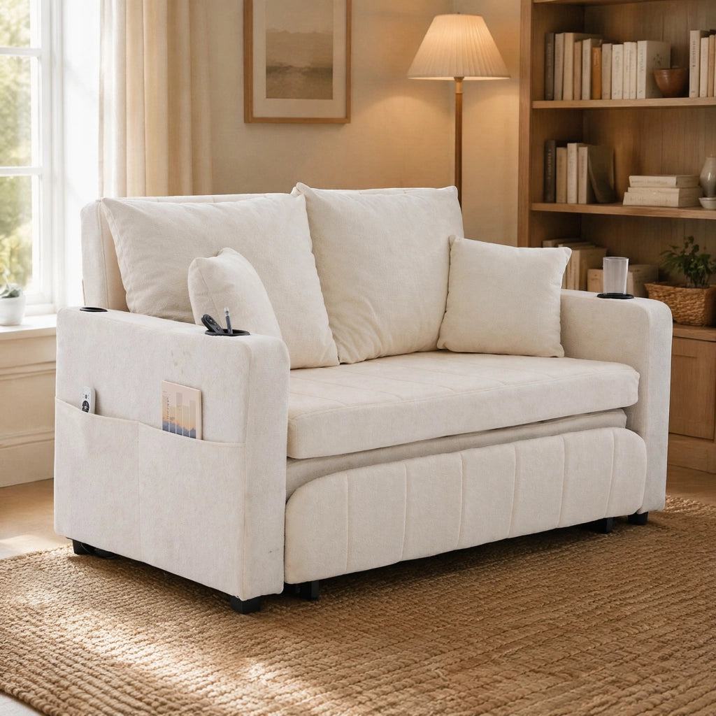 Divano letto multifunzione in ciniglia beige; convertibile; 139x83x58 cm
