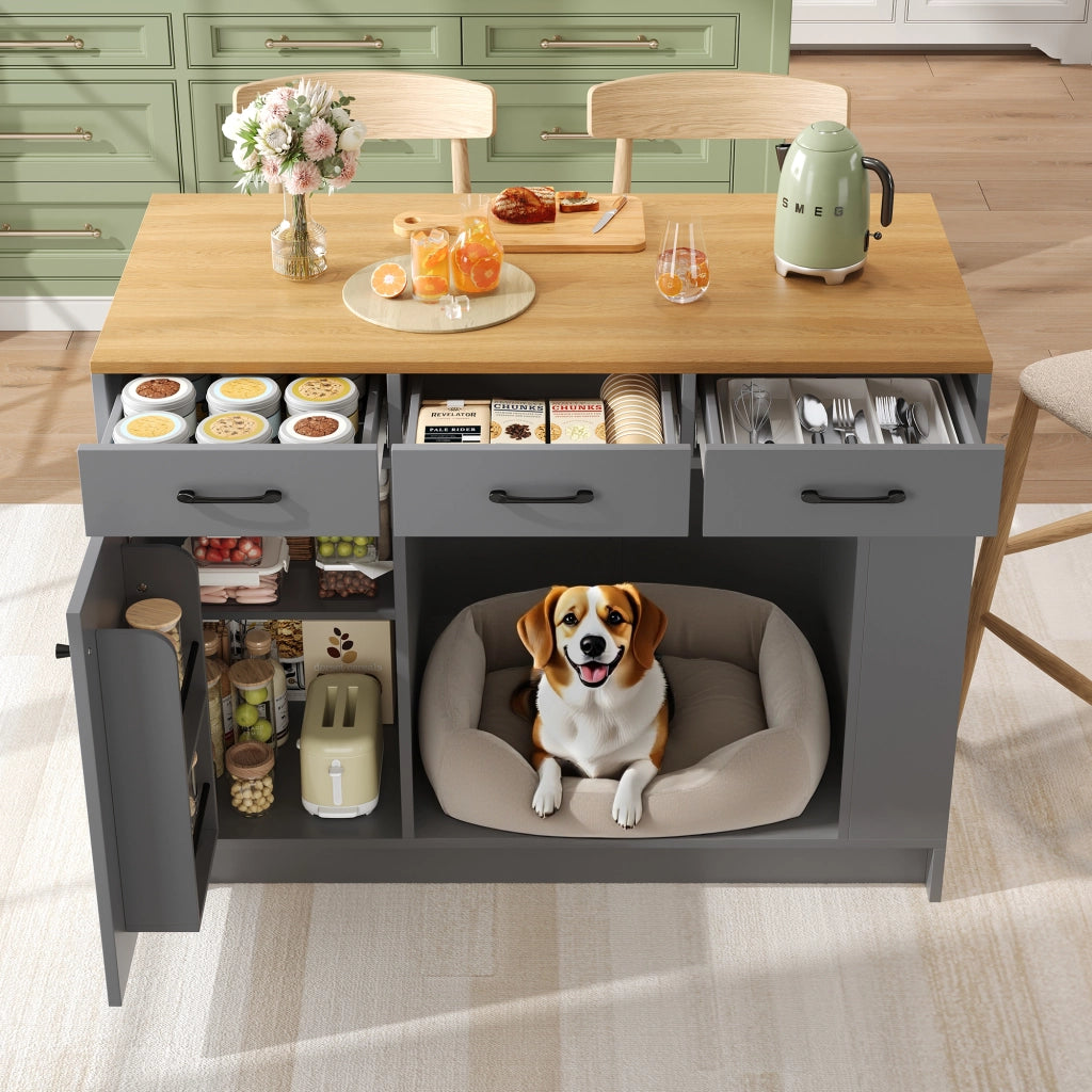Carrello da Cucina con 3 Cassetti; Portaspezie; Ripiano Regolabile e Vano per Animale; in MDF; 120x60x90 cm; Grigio e Naturale