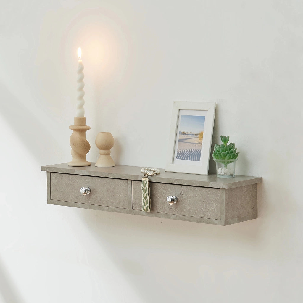 Mensola da Parete Geeste Comodino Sospeso con 2 Cassetti 60 x 15 x 10 cm - Effetto Cemento Chiaro [en.casa]