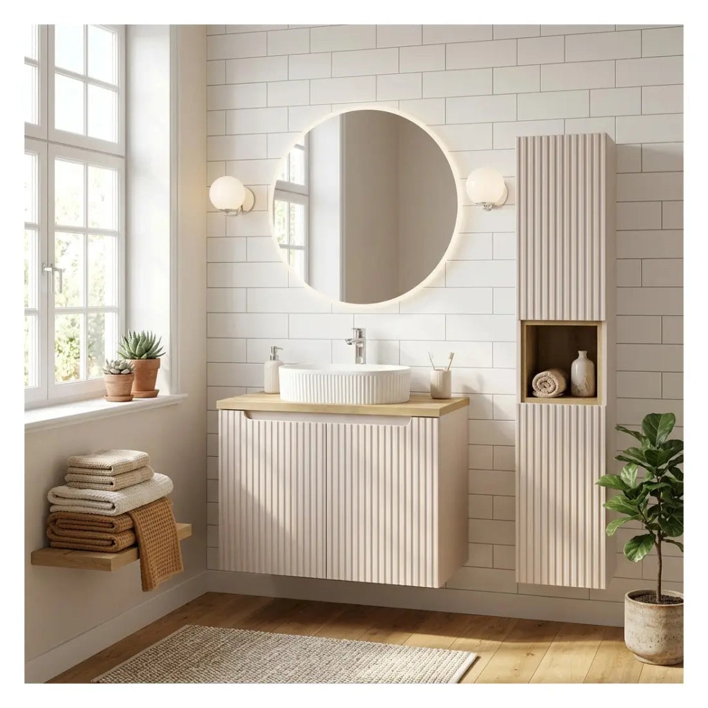 Set VANO cashmere e quercia 110cm: mobile sotto lavabo con armadietti + lavabo da appoggio scanalato bianco + colonna
