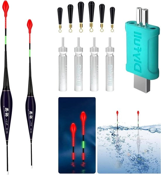 2 pezzi di LED indicatori con caricabatterie e batterie - Sensore di gravità - Con avviso di presenza di pesce - Set di accessori da pesca per laghetto e fiume