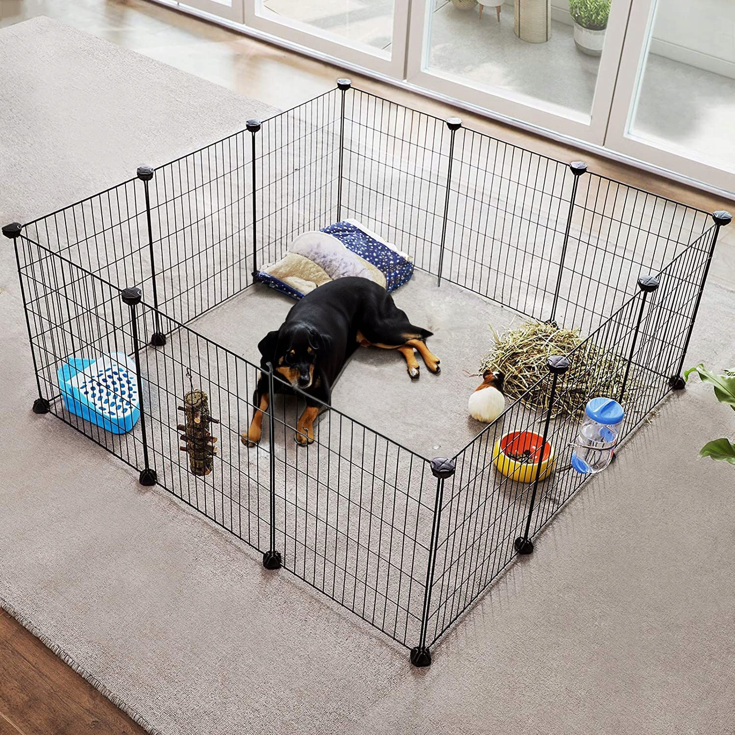 Recinto nero in metallo per cani, conigli, gatti e cuccioli 108 x 108 cm