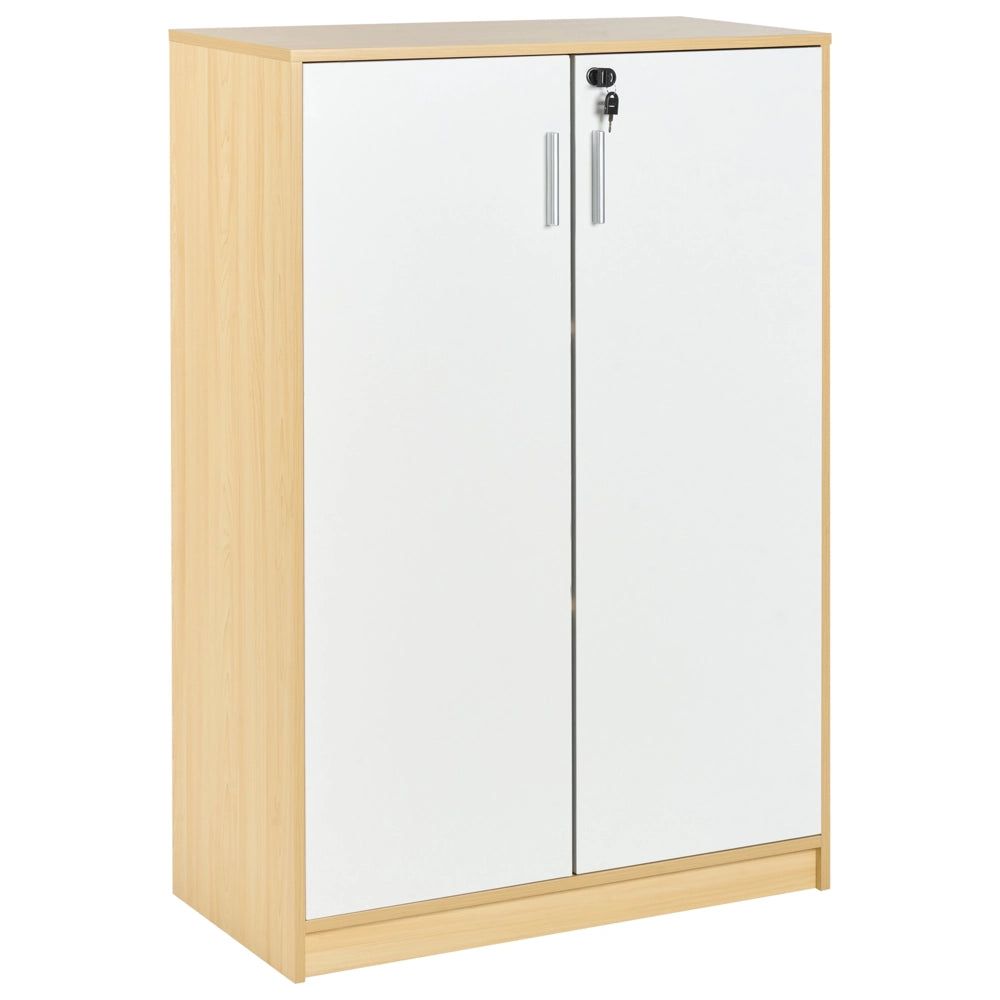 Armadietto contenitore Armadietto in particelle di legno bianco marrone chiaro con 3 ripiani e 2 porte per l'ufficio moderno.