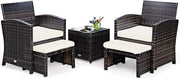 Set di 5 Mobili in Rattan, Set Conversazione da Esterno con Sedia e Ottomana e Tavolino da Caffè in Vetro Temperato, Braccioli Imbottiti, Perfetto per Giardino Cortile Piscina (Bianco)