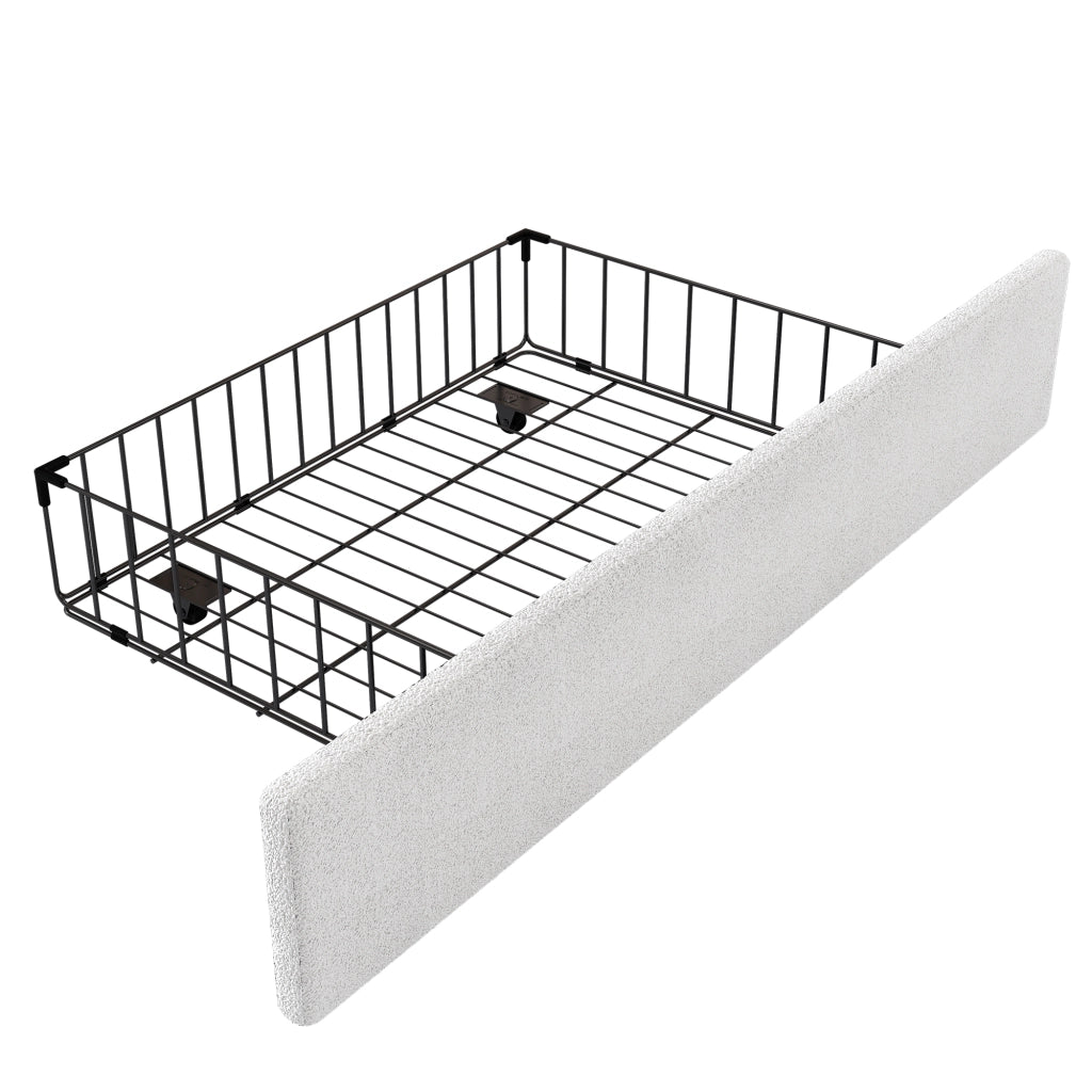 Letto per bambini singolo 90×200 cm con 2 cassetti e testiera imbottita; senza materasso; plush; bianco