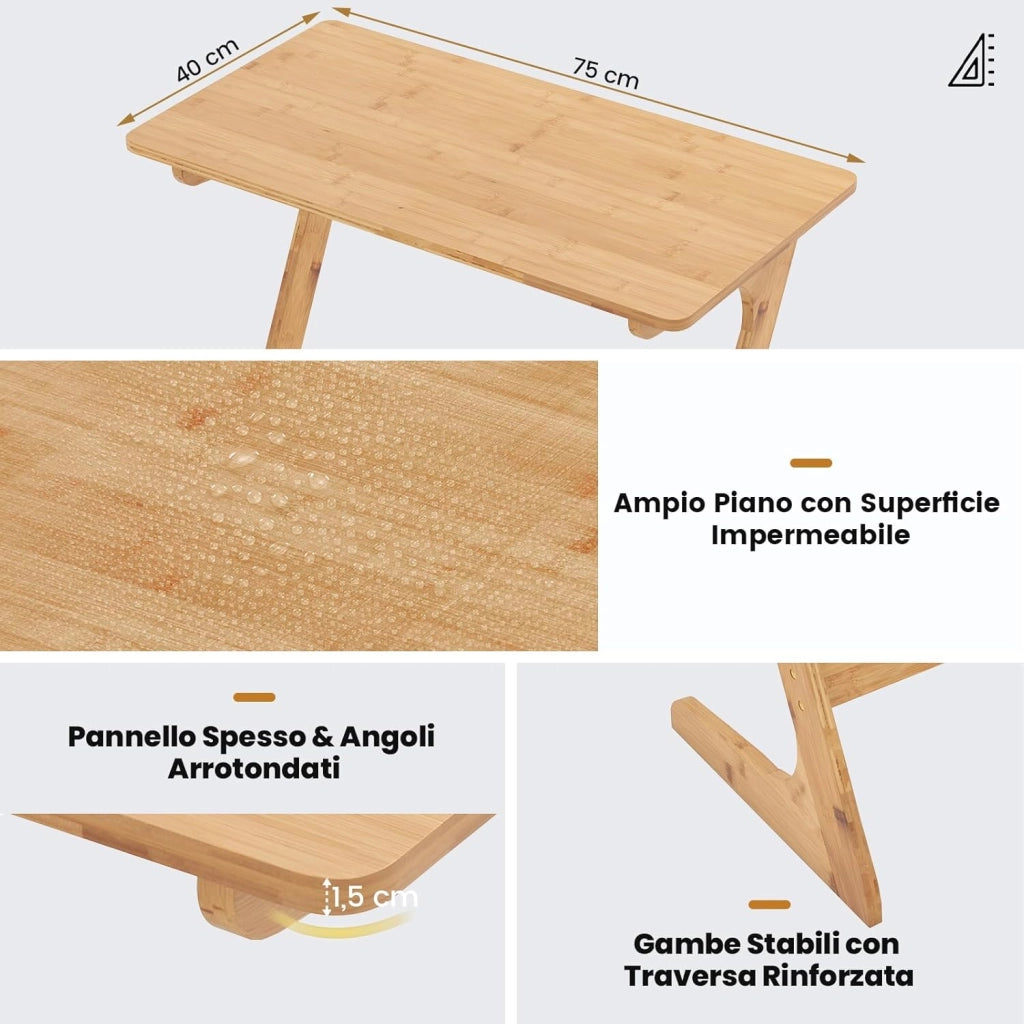 Tavolino Laterale, Tavolino da Divano e Letto in Bambù con Ampio Piano per Laptop, Struttura Stabile, Design Salvaspazio per Camera da Letto, Soggiorno, Studio, 75 x 40 x 70 cm (Naturale)