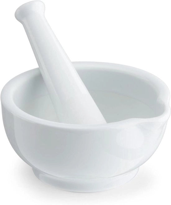 Mortaretto e Stampino a mano - 1 pezzo - bianco - porcellana - 15 cm