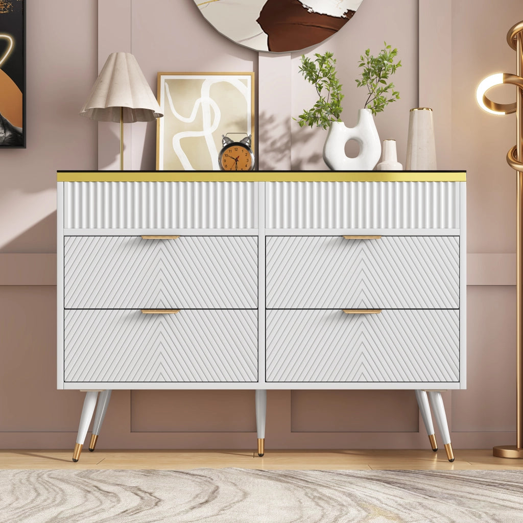 Cassettiera moderna con 6 cassetti, vetro marrone, struttura in truciolare e metallo, 120 x 40 x 76 cm