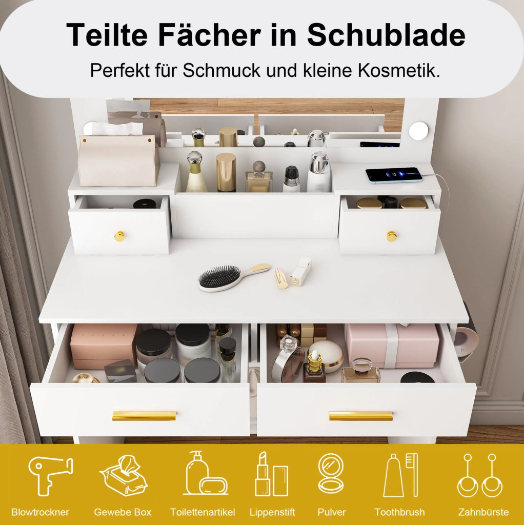 Tavolo da trucco con specchio LED a 3 tonalità; presa elettrica e sgabello imbottito; bianco