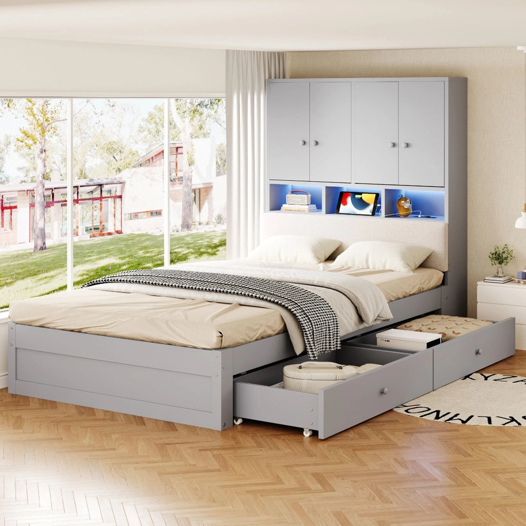 Letto in legno 90 x 200 cm, testiera imbottita, con vano portaoggetti, illuminazione a LED, presa di corrente, 2 cassetti, grigio