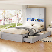 Letto in legno 90 x 200 cm, testiera imbottita, con vano portaoggetti, illuminazione a LED, presa di corrente, 2 cassetti, grigio