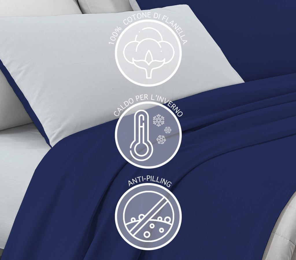 Completo Letto In Morbido Cotone Di Flanella Antipilling Set Lenzuola Bicolore Lenzuolo Sopra Sotto Federe - Bluscuro-Grigio - Francese