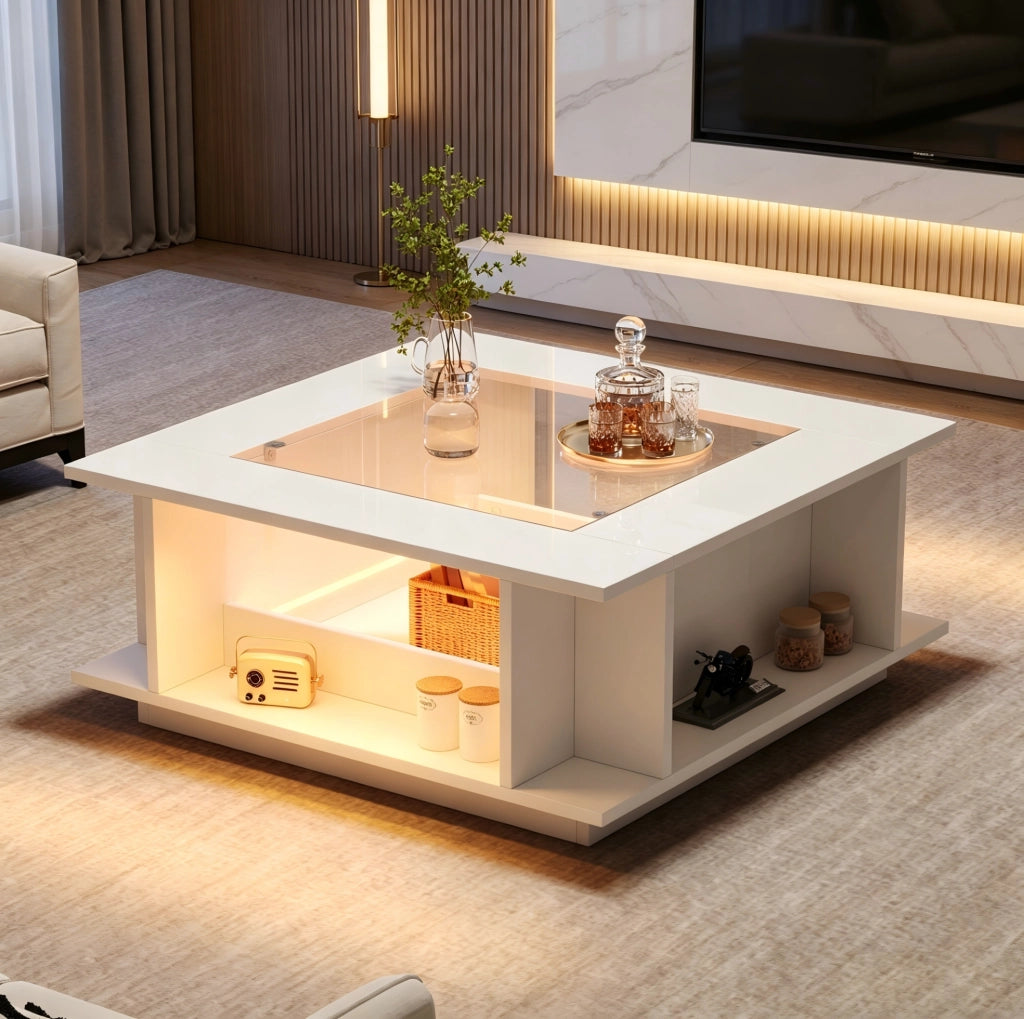 Tavolino da caffè 70x70x30 cm con illuminazione LED; piano in vetro e finitura lucida; truciolare bianco