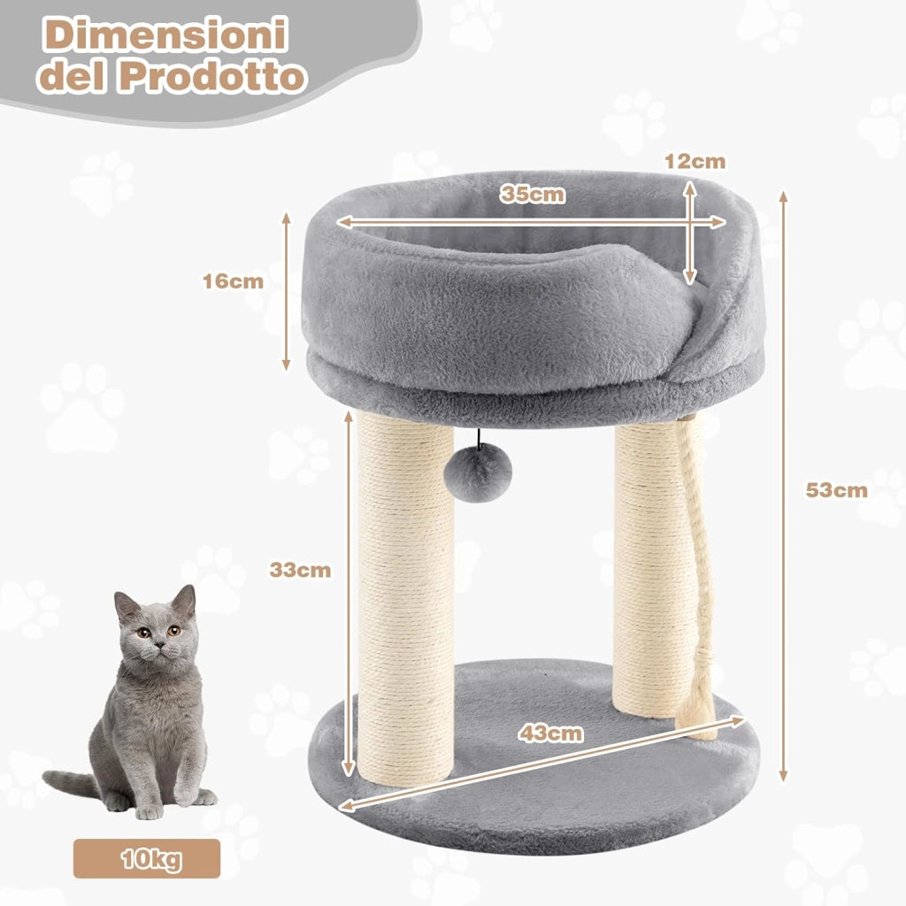 Tiragraffi per Gatti, Albero Tiragraffi Gatto con Cuccia in Peluche, Pallina, Corde e Tiragraffi in Sisal, Tiragraffi da Divano in Legno per Gatti Piccoli, 43 x 43 x 53 cm (Grigio)