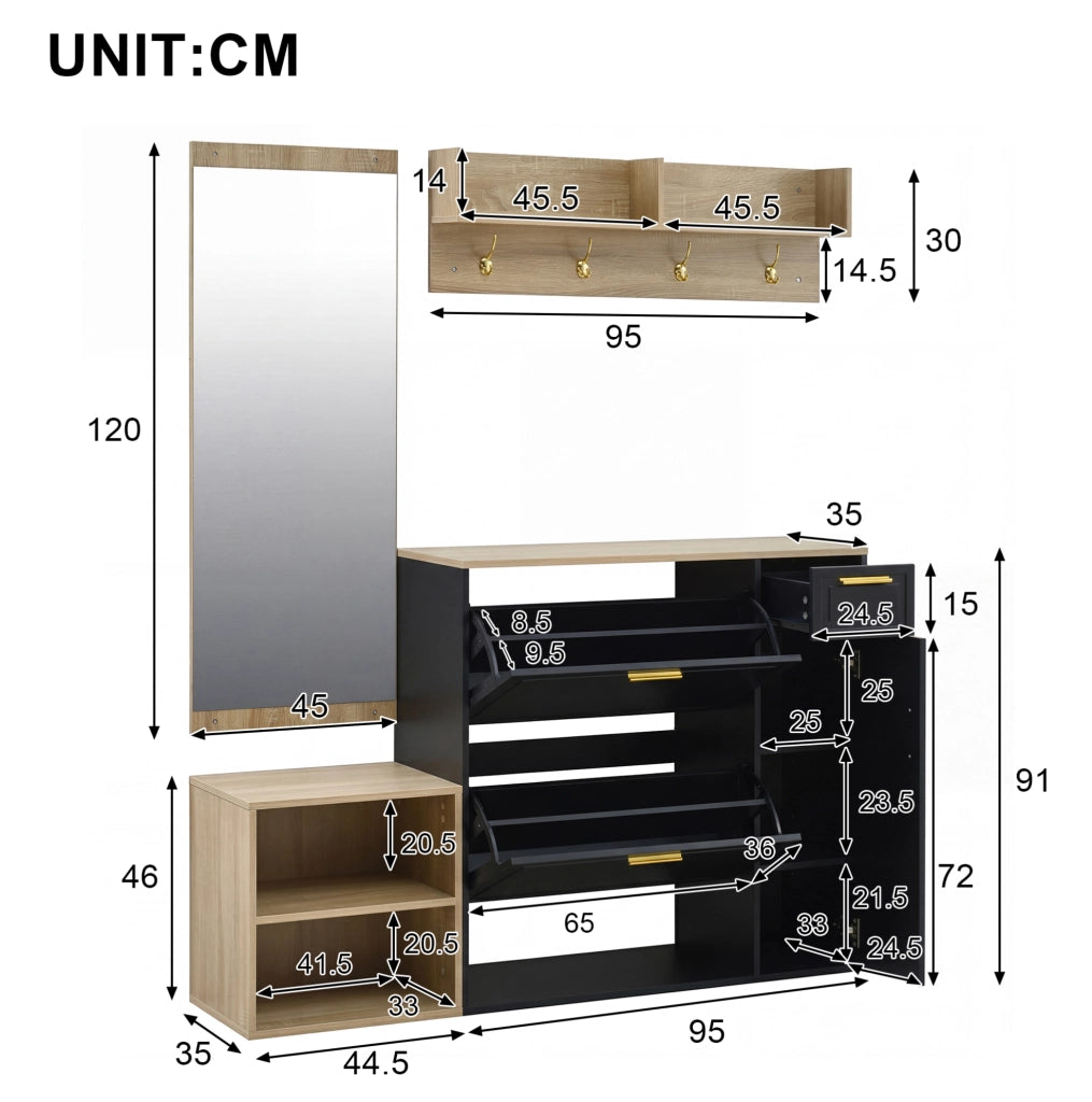 Set ingresso 4 pezzi nero e naturale con scarpiera e specchio