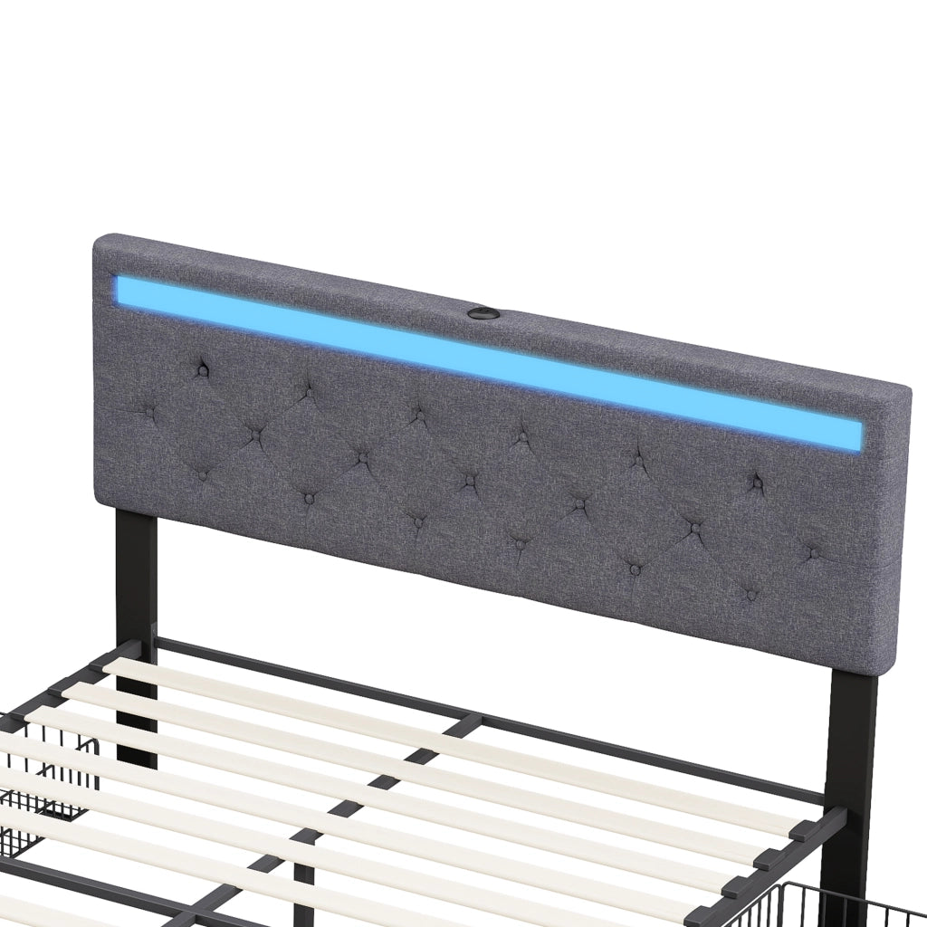 Letto matrimoniale contenitore 160x200 cm con testiera regolabile LED e porte USB struttura letto con 4 cassetti in legno lino grigio