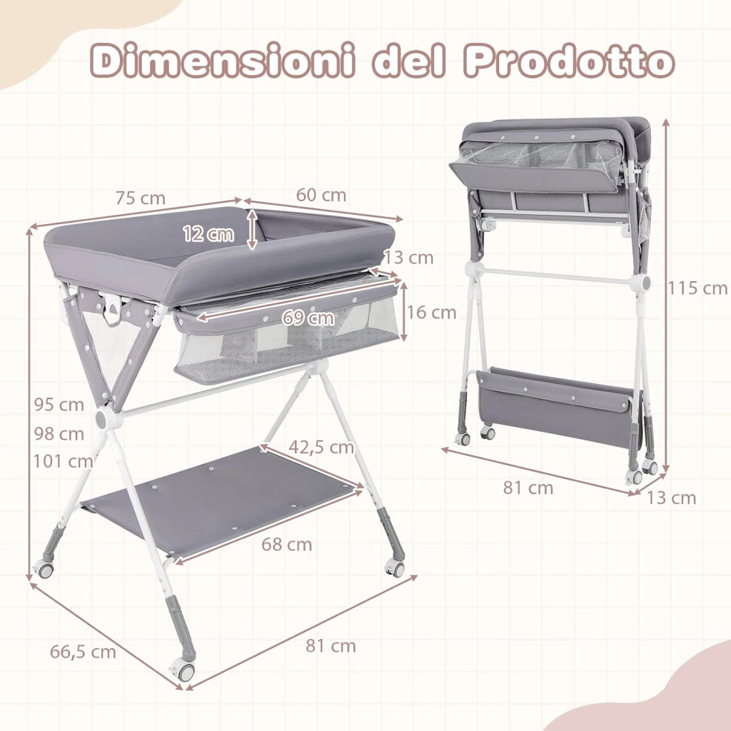 Fasciatoio Pieghevole per Bambini, Fasciatoio Portatile con Altezza Regolabile a 3 Livelli, Fasciatoio Neonato con Ruote di Bloccabili, Ripiano, Porta Asciugamani, per 0-12 Mesi (Grigio)