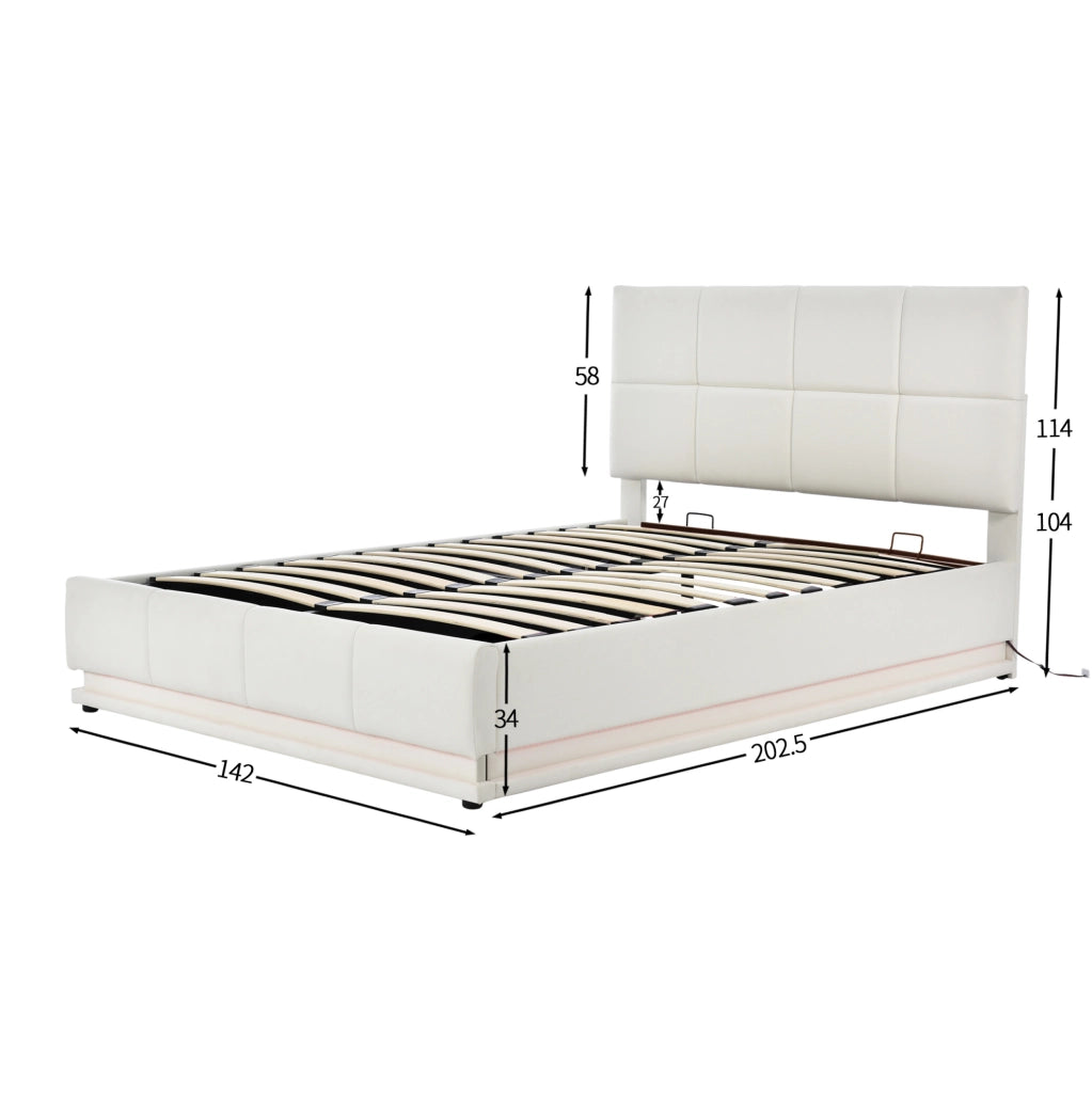 Letto contenitore LED 140x200 cm in similpelle bianco