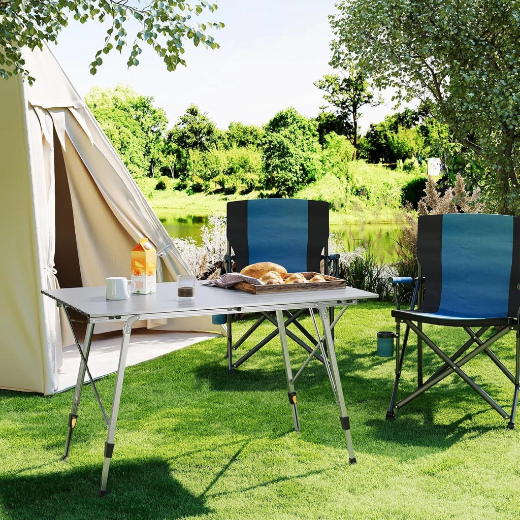 Tavolo da Campeggio Pieghevole Portatile in Alluminio per Picnic Giardino Altezza Regolabile 120x68,5x59/78,5 cm Argento