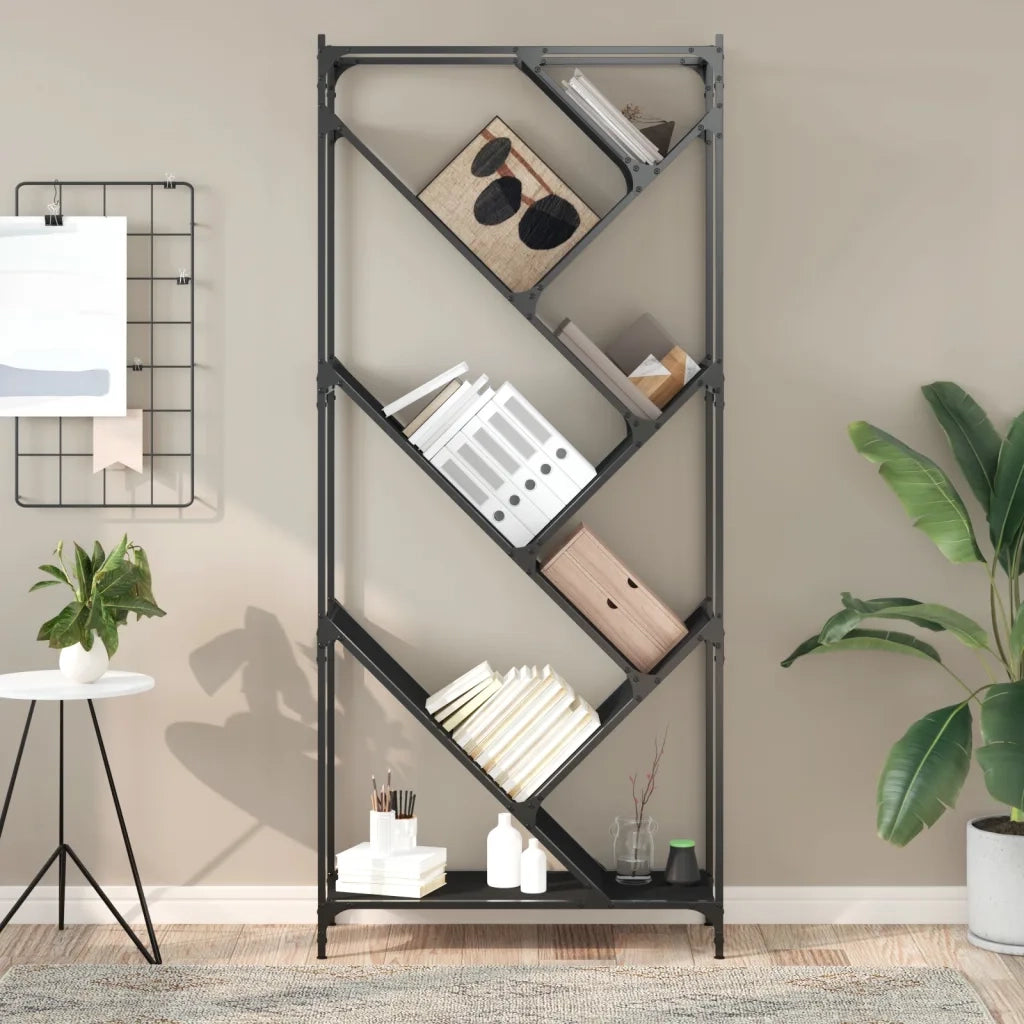 Libreria-Scaffale per Libri-Mobile di Stoccaggio Nera 79x30x180 cm in Legno Multistrato e Metallo