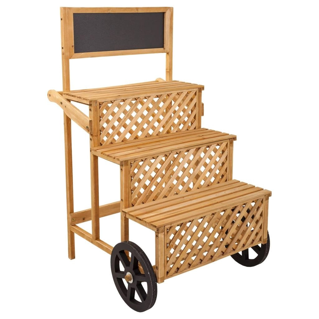 Carrello espositivo in legno marrone con lavagna 70x71x116h