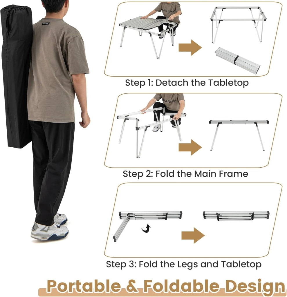 Tavolino da Giardino Pieghevole & Portatile con Borsa di Conservazione, Tavolo da Campeggio con Piano in Alluminio, Tavolo da Esterno per Picnic, Feste, BBQ, Spiaggia, Balcone (Argento)