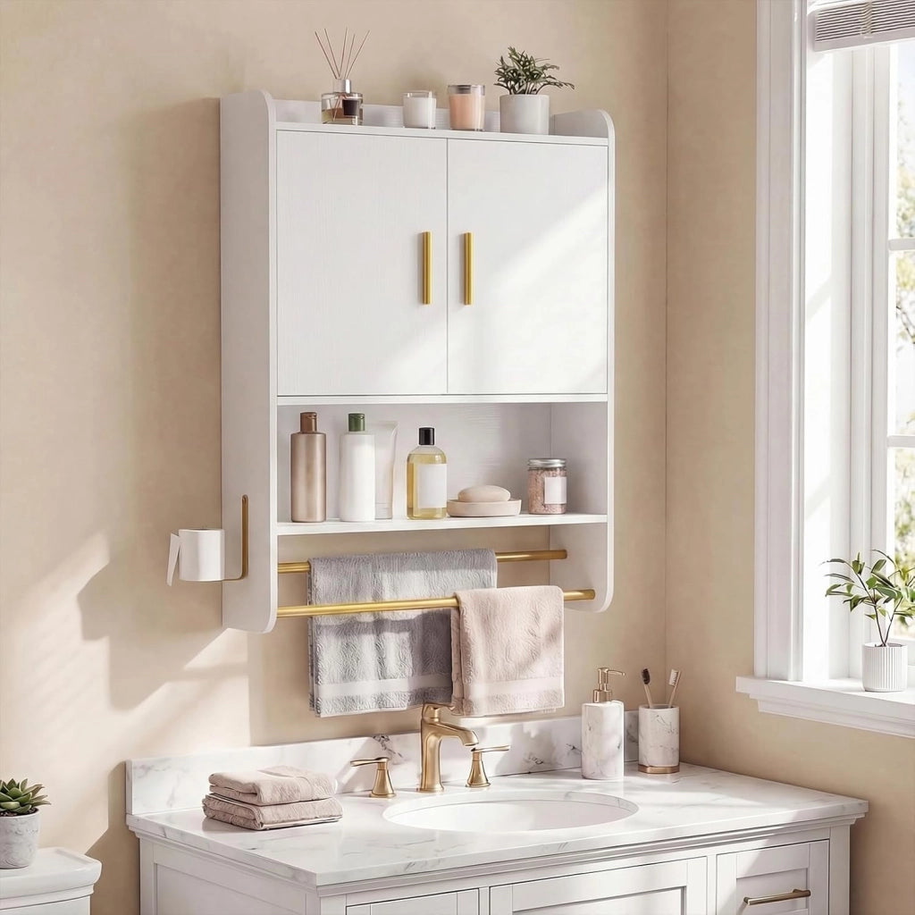 Pensile Bagno Sospeso, Mobiletto da Parete Salvaspazio a 4 Livelli, con 2 Ante, Ripiano Regolabile, 2 Portasciugamani e Gancio, Armadietto da Cucina Moderno in Legno, 55 x 20 x 80 cm (Bianco)