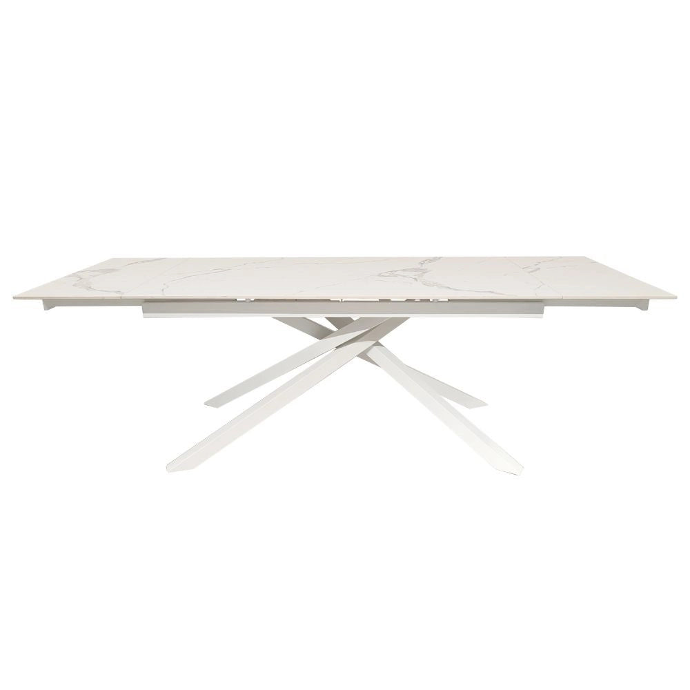 Tavolo allungabile Nefti con top in ceramica colore bianco statuario lucido con gambe bianche