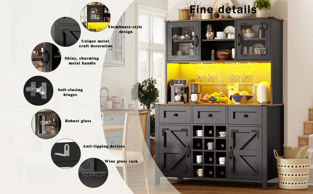 Credenza Alta con LED, USB e Prese ¨C MINIMAL ¨C 4 Ante, 3 Cassetti, Nero, 120¡Á40¡Á170cm